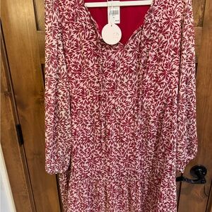Chenault Red and White Leaf Print Long Sleeve Dress